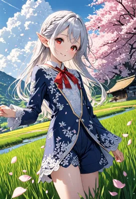 桜舞う里で微笑む銀髪のエルフ