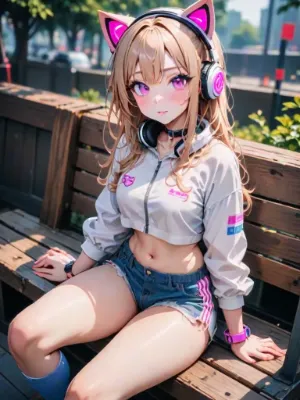 お散歩中。猫耳ヘッドホン女子