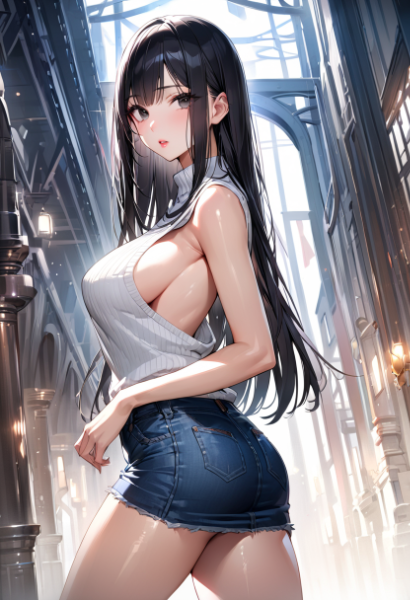 ノースリーブセーターとデニムスカート