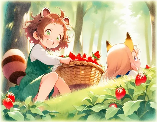 コン子とポン子・森でたくさんのイチゴを見つけた