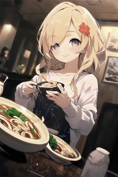 カレーうどんを食する金色の髪の少女