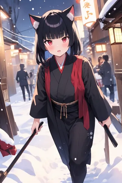 除夜の鐘を叩きに行く猫耳少女