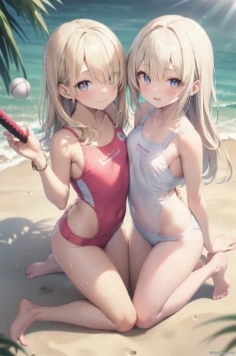 ビーチで佇む金色の髪の姉妹
