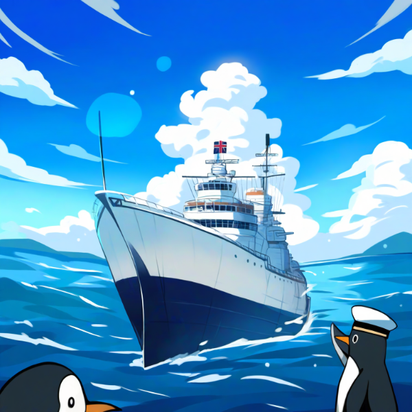 戦艦の帰還を出迎えるペンギン