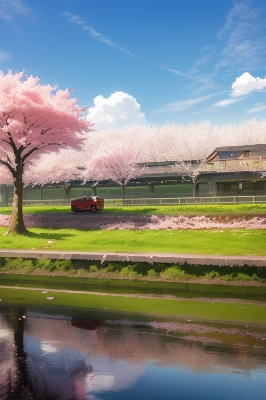 バスと桜