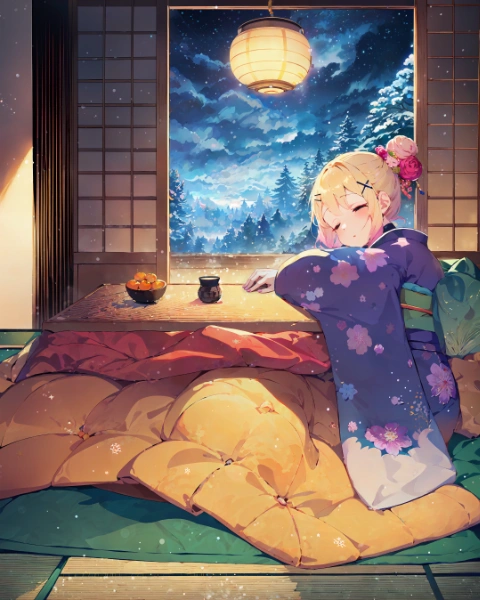 こたつと振り袖