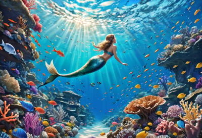 お題：サンゴ礁（珊瑚礁の海を泳ぐ人魚）