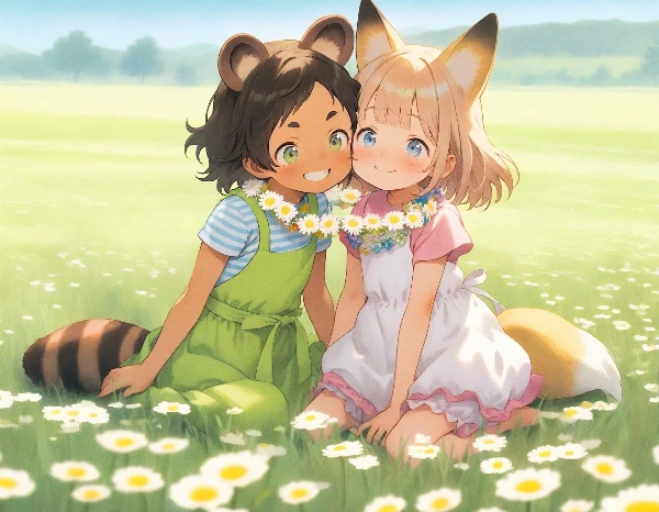 コン子とポン子・お花の首飾り