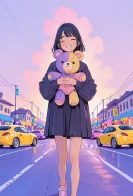 虹色クマと夕暮れの街散策