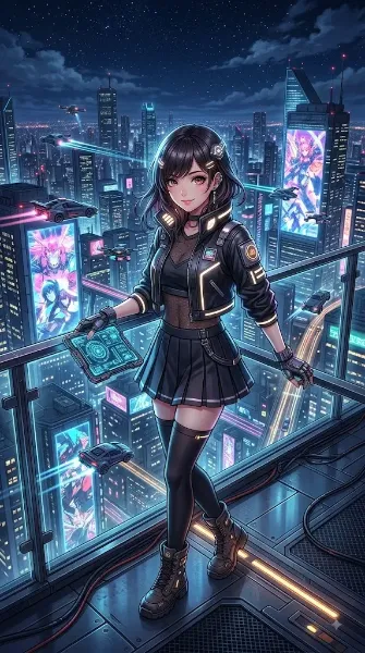 ネオン輝く未来都市の少女