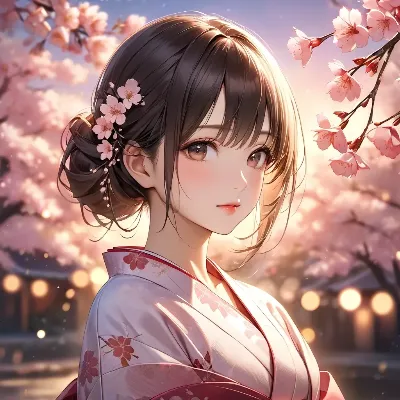 桜の光に包まれる着物少女