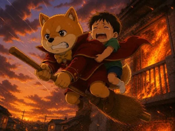 柴犬の魔法使い、火事の部屋を脱出する