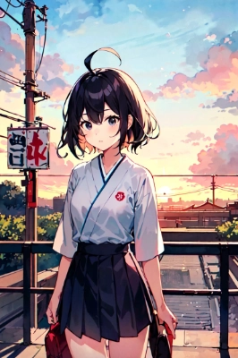 夕焼けの駅と女子学生