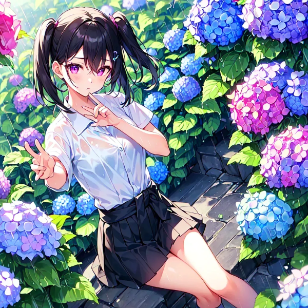 【R15】Ｙシャツを着た黒髪ツインテール少女と紫陽花＊その1