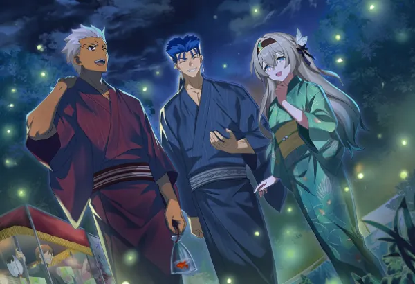 楽しく夏祭りに行くエミヤとクーフーリンとホタルの3人