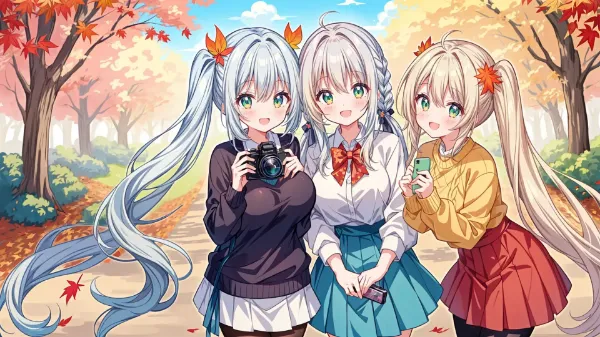 秋の紅葉に輝く三人娘の冒険