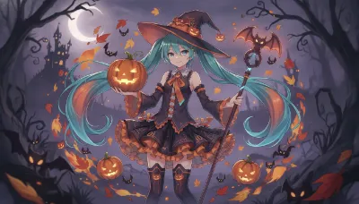 月夜の森で微笑む魔女ミク