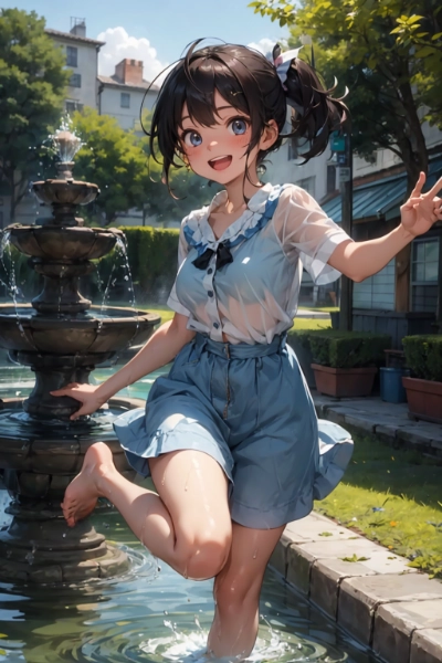 公園の噴水で遊ぶ子