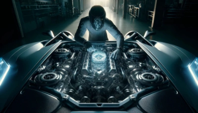 車に未知のパーツを組み込む整備士