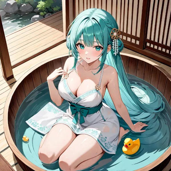 温泉でほんのり照れる青髪娘