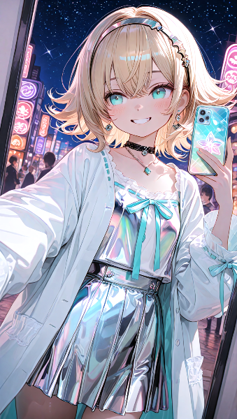 ネオン街の輝くセルフィー瞬間