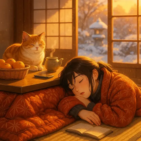 冬の陽だまりで眠る少女と猫