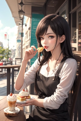 eating sweets on cafe terrace