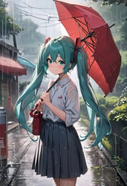 雨の小道と赤い傘の少女