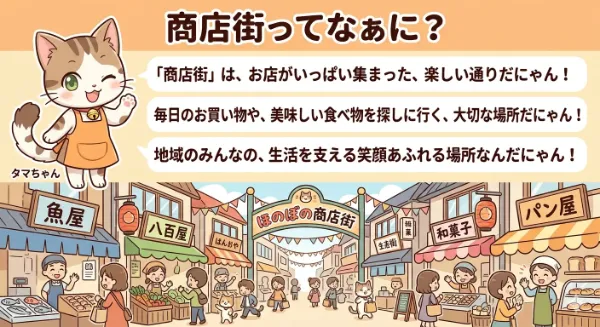 可愛い猫ちゃんが商店街について解説するポチ！