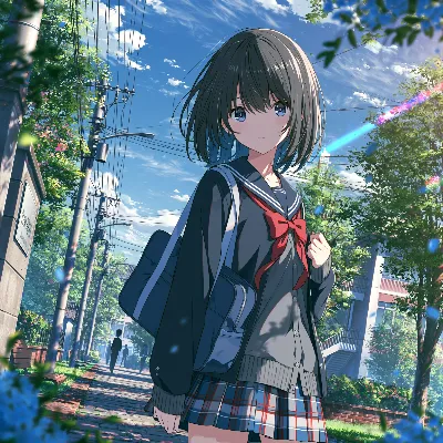 夏空の下で微笑む赤いリボン