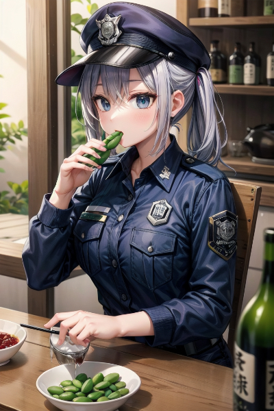 枝豆とお酒を飲む婦警