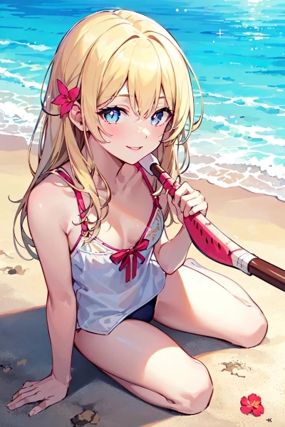 ビーチで佇む金色の髪の少女