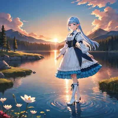 夕陽の湖