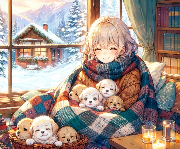 子犬と毛布にくるまる