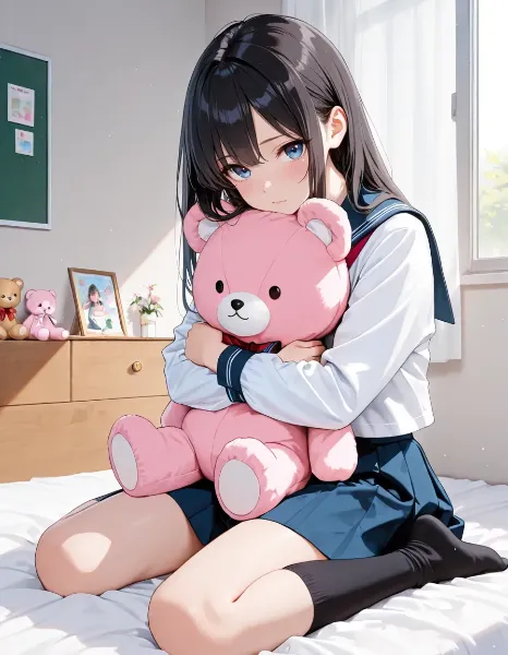 クマのぬいぐるみを抱きしめる少女