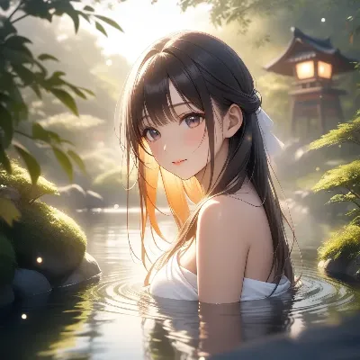 森の温泉に佇む黒髪少女