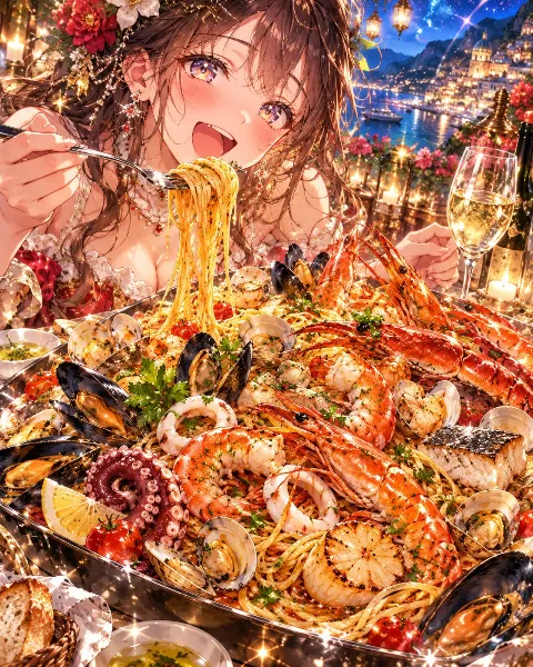 星降る夜の海辺で大海鮮パスタ