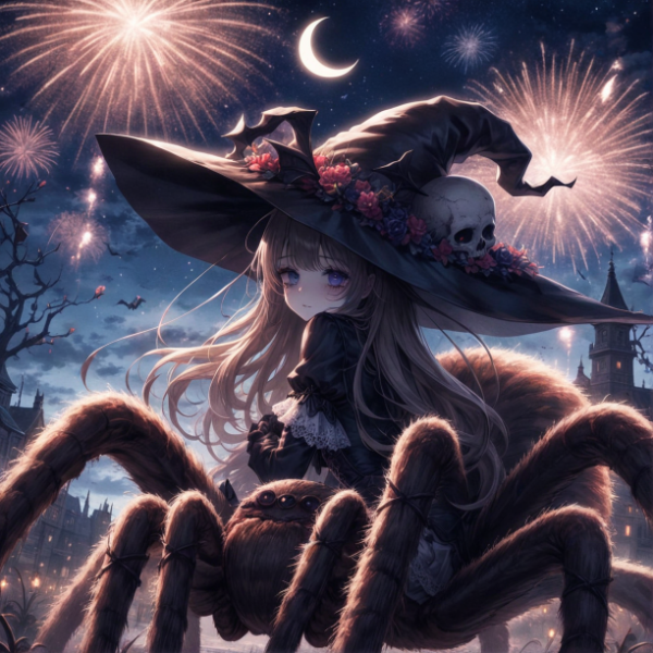 spider witch and fireworks