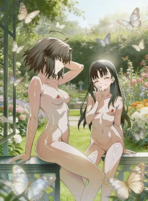 蝶が舞う庭園でくすくすと笑うヌード姿の式と未那