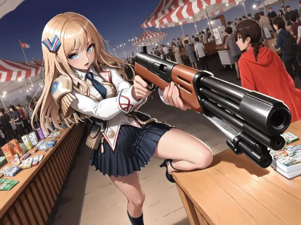 『足乗せて固定は禁止です✨』月夜の祭りで銃を構える学園の少女