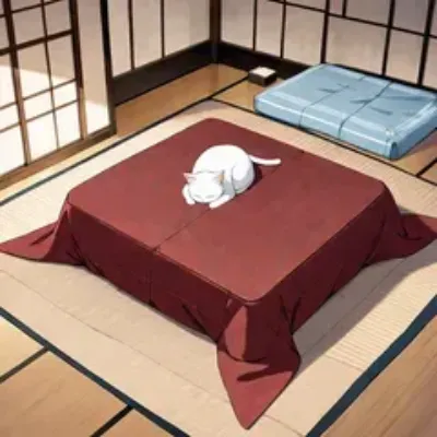 こたつで夢見る白猫の穏やかな午後