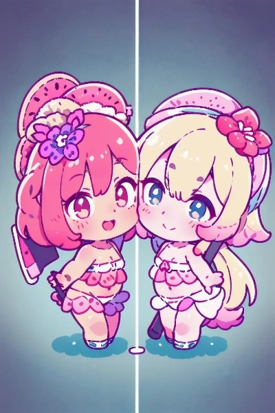 お揃いビキニの仲良し少女