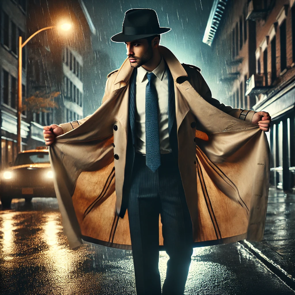 道端でレインコートを拡げる紳士