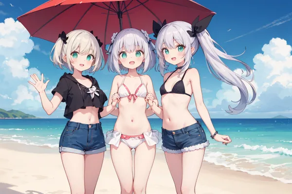 夏のビーチで輝く三人娘