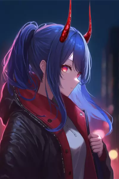 夜の街並みと赤い角の彼女