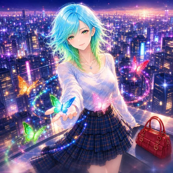 光る蝶と夜景の少女