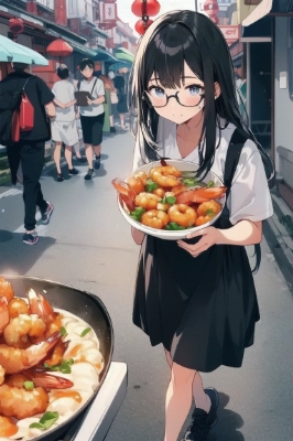 メガネの女の子とエビ