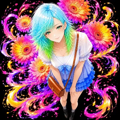 カラフルフラワーと青髪少女