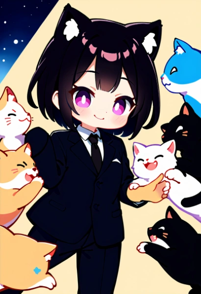 アニメ塗りな、猫の日の黒髪セミロング女性★(3枚)