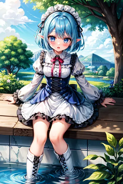 青髪エルフメイドの水辺のひと時